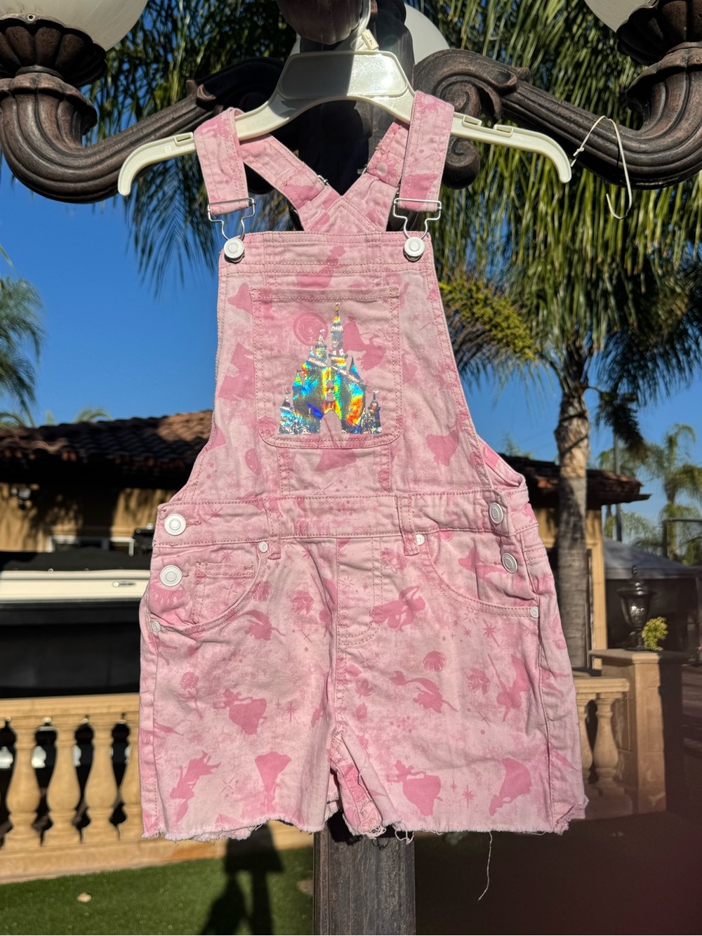 Disney Parks Princess Pink Short Overalls with Holographic Castle